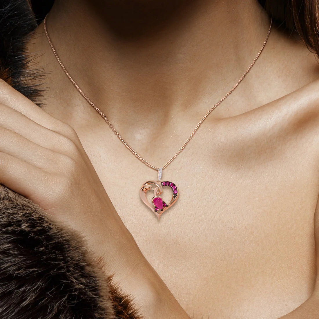 Heart Shape Ruby and Diamond Pendant 14K Rose Gold