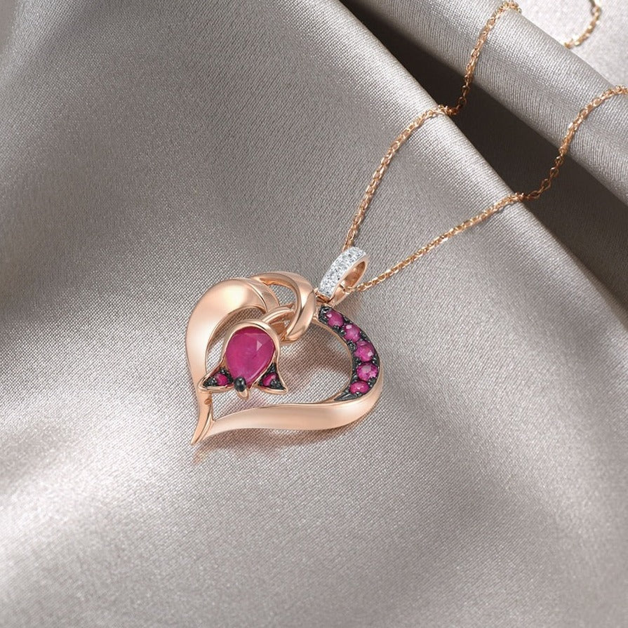 Heart Shape Ruby and Diamond Pendant 14K Rose Gold