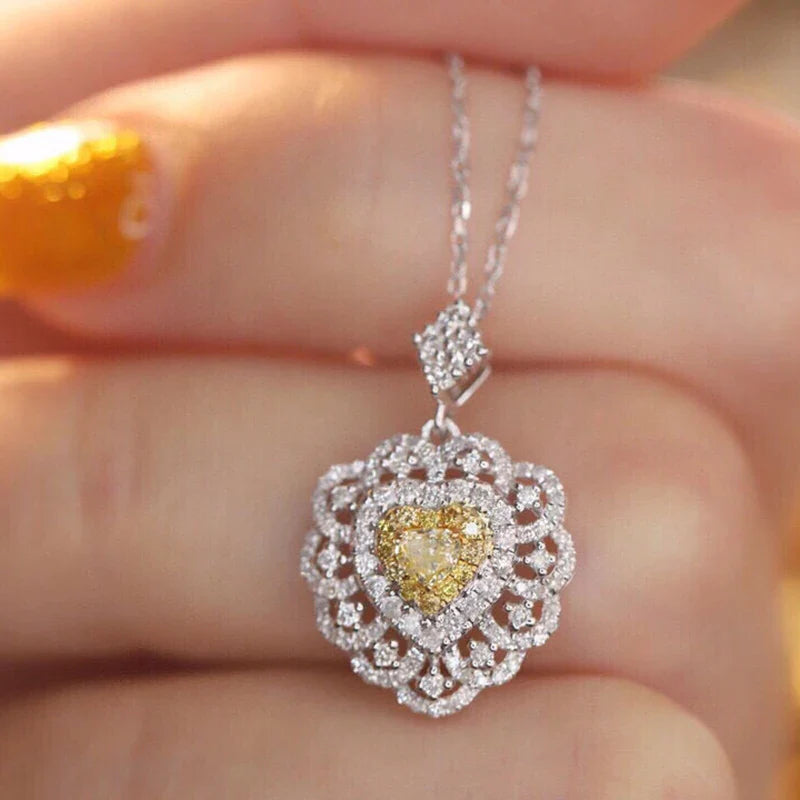 Heart Necklace with Yellow & White Diamonds 18K White Gold