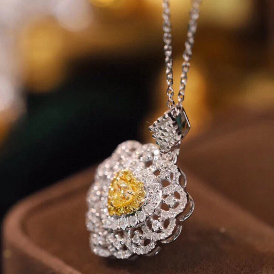 Heart Necklace with Yellow & White Diamonds 18K White Gold