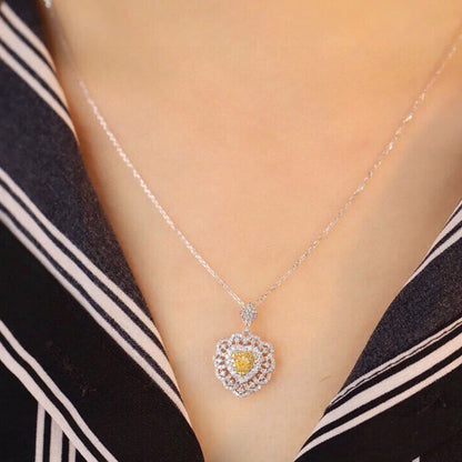 Heart Necklace with Yellow & White Diamonds 18K White Gold