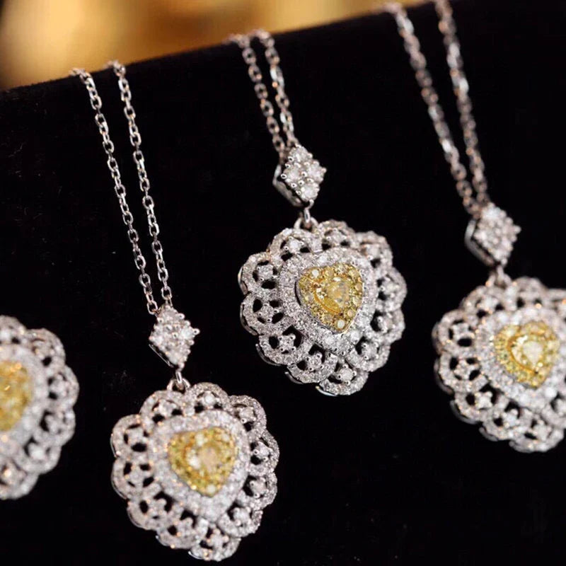 Heart Necklace with Yellow & White Diamonds 18K White Gold